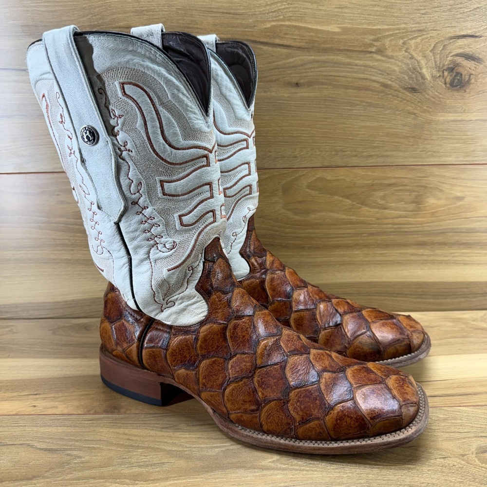 TANNER MARK Monster Fish Cognac Mens Boots 11 Matte Print Western Square Toe
